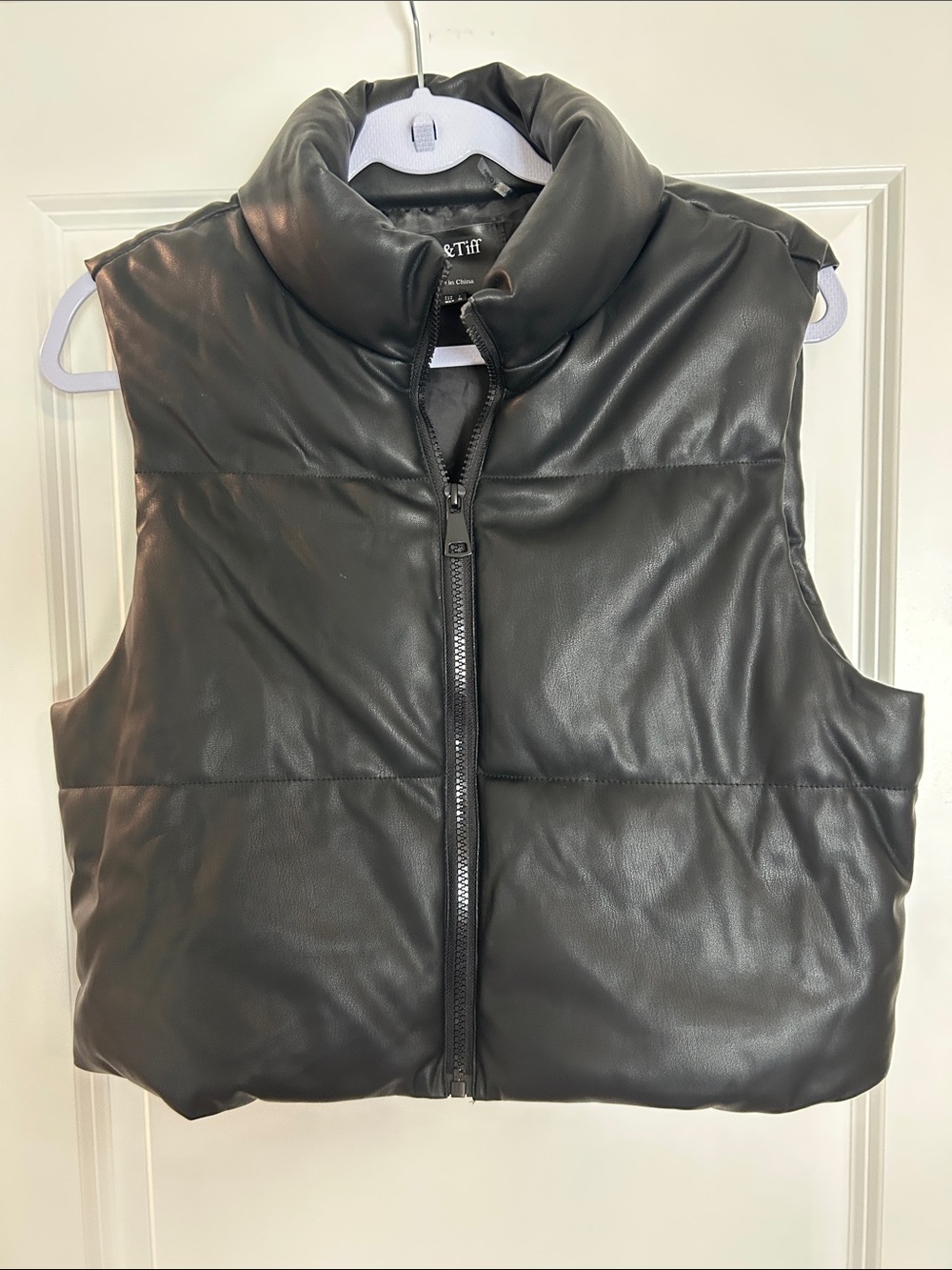 Black Faux Leather Puffer Vest with Stand Collar